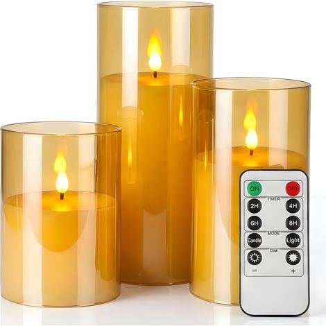 XEPHO Lot de 3 bougies LED sans flamme ambrées, acrylique incassable, à piles, mèche 3D, effet vacillant, minuterie et télécommande, diamètre 7,6 cm x hauteur 10,2 cm, 12,7 cm et 15,2 cm (1/5)