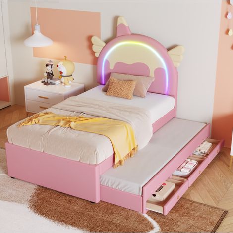 Cama Individual 90x200 Cm Con Cama Nido Ruedas Forma Unicornio Rosa (1/5)