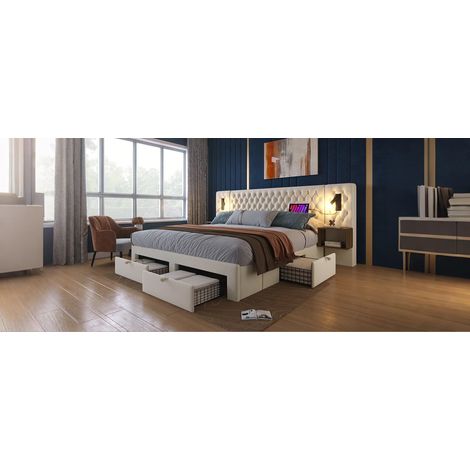 Lit double rembourré 160x200 avec 2 tables de chevet 4 tiroirs (1/5)