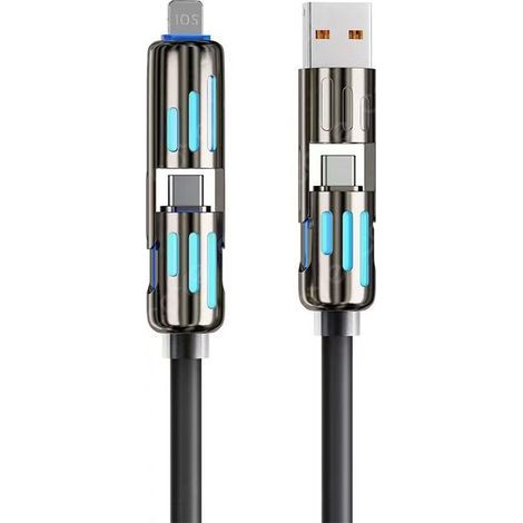 Cable de carga 4 en 1, cable cargador múltiple USB C/C con luz LED RGB de 240 W y 1,5 m, cable USB A/C a Lightning/USB C para iPhone/MacBook/iPad Pro, S24 (negro) (1/5)