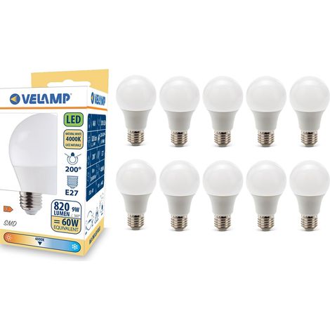 Ampoule LED, standard A60, culot E27, 9W (806 lumens équivalent à 60W), lumière blanche naturelle 4000K, technologie SMD, faisceau 200 °, pack de 10 ampoules (1/5)