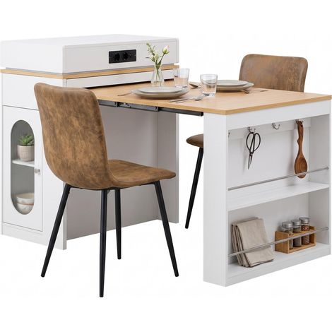 FurnitureR MDF Essgruppe mit Ausziehtisch und 2 Stühlen 3-teiliges Set mit weißem MDF-Ausziehtisch, Stauraum, Steckdosenmodul und 2 braunen Stühlen (1/5)