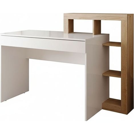 Bureau 1 tiroir avec étagères décalées blanc laqué et aspect bois finition Cadiz - ARTURO