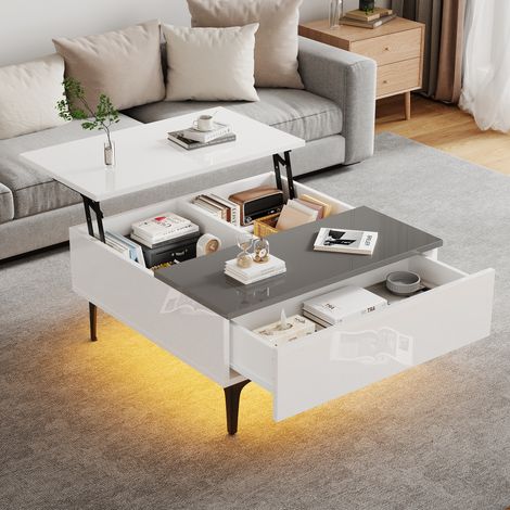 Mesa de centro elevable 70x40x35 cm de MDF blanco con almacenaje FloraGrace (1/5)