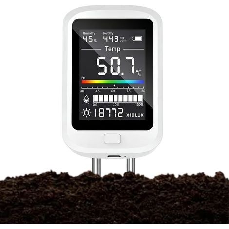 Testeur de Sol Numérique 6 en 1, Testeur Humidité Plante, Humidimètre De Sol avec Fertilité du Sol/Humidité/pH/Température/Lumière Solaire/Humidité Ambiante, avec écran LCD pour jardin, ferme, pelouse (1/5)