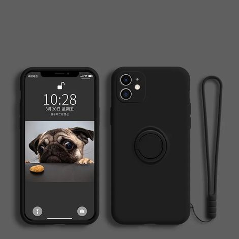 Coque de téléphone en silicone liquide souple (iPhone 13 Mini noir) avec support, anneau et dragonne (1/5)