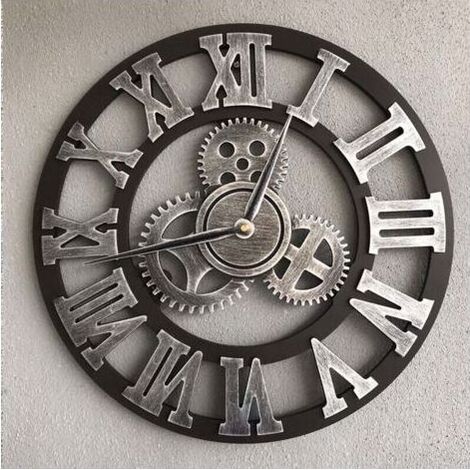 3D grande horloge murale silencieuse en bois rétro classique horloge murale à engrenages rétro horloge à chiffres romains salon steampunk européen décoration industrielle, bar, argent, 40 40 cm (1/5)