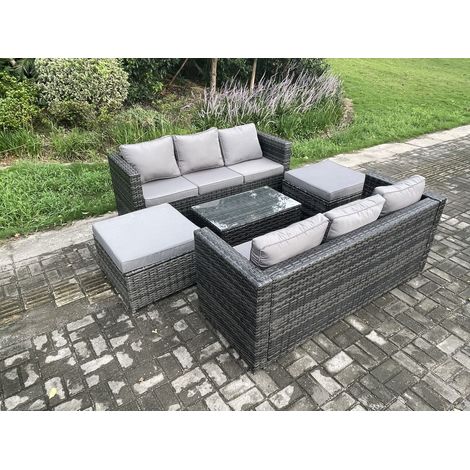 Fimous Salon de jardin en rotin avec Table basse 2 grand tabouret 8 places Mélange gris foncé (1/5)