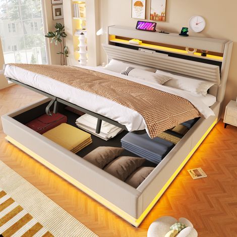 DESVIAE Lit rembourré 180 x 200 cm avec rangement hydraulique éclairage LED ports USB et Type C tête de lit rembourrée lin beige (1/5)