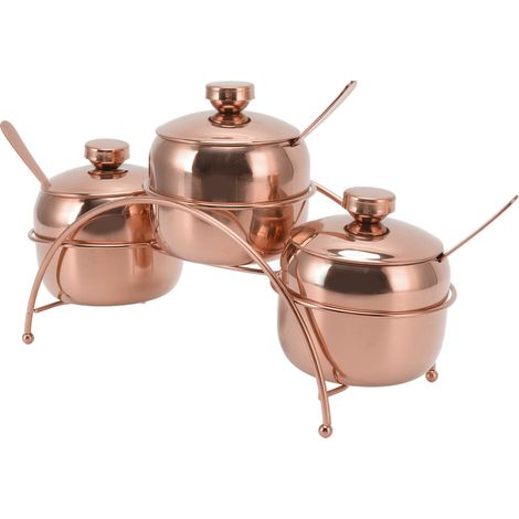 Gewürzset aus Edelstahl, bestehend aus Salz-, Pfeffer- und Zuckerdose mit Deckel und Löffel, inklusive Aufbewahrungsgestell, Roségold (1/5)