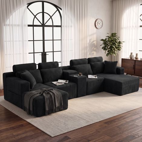 Canapé Panoramique Modulable Compressé 6 Places 372x151x80 cm, Forme U, 2 Porte-Gobelets, Sans Structure, Velours Côtelé Noir (1/5)