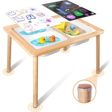 Table pour Enfants, Table Sensorielle en Bois avec 3 Bacs de Rangement, Table d'eau et de Sable avec Couvercles Intérieure et Extérieure, Table d'activités pour Apprendre, Manger, Jouer (1/5)