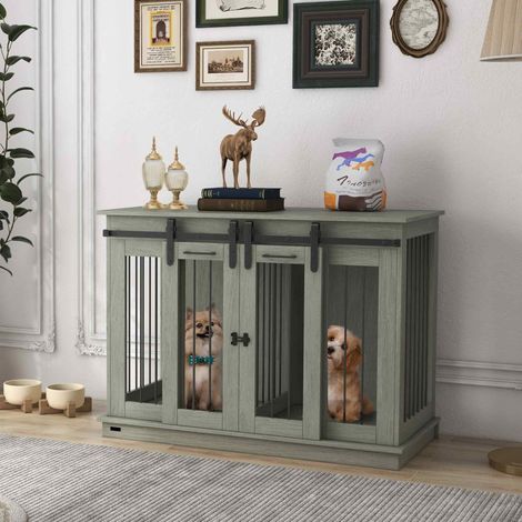 Hundekäfig mit 2 Türen, Hundebox, Transportbox für Hunde, rustikales Design, verriegelbar, Grau