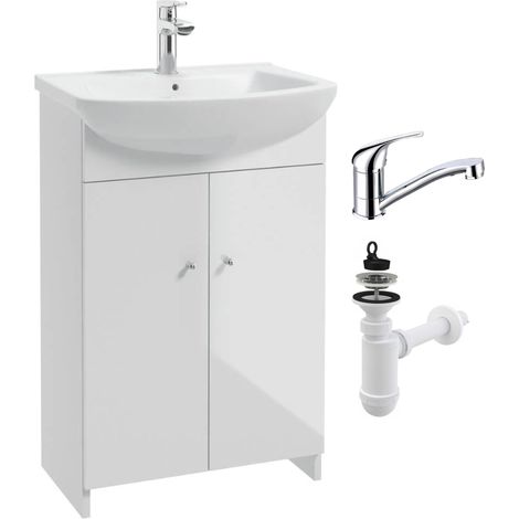 Weißer Waschtischunterschrank – 50 cm – Keramikbecken – Schwenkarmatur – MDF