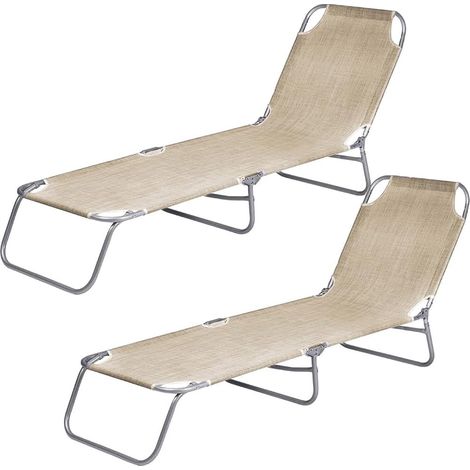 2 Lettini prendisole pieghevoli Beige - Misura 180x55x62 cm e portata massima 120 kg - sdraio da giardino con tessuto in textilene e struttura in meta (1/5)