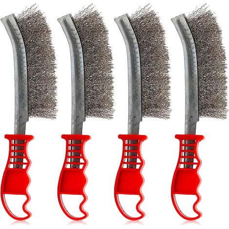 Set of 4 Metal Brushes: Stainless Steel Brush with Plastic Handle, Ergonomic Hand Brushes, for Rust Stripping, Dust, Solder Cleaning Slag (1/5)