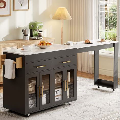 Isola cucina mobile 132,5-217x50x93 cm con tavolo allungabile, contenitore, ruote, MDF - nero (1/5)