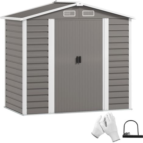 Outsunny 7 x 4ft Garden Shed, Easy to Assemble, Upgraded Galvanised Steel Frame with Foundation Kit, Double Doors with Lock, Outdoor Metal Shed with Vents and Gloves, Garden Storage Shed, Light Grey