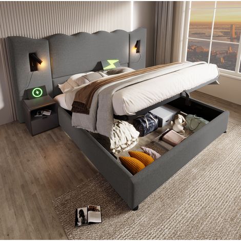 Letto Contenitore 160x200 cm con Testiera Imbottita e Lampada da Lettura USB (1/5)