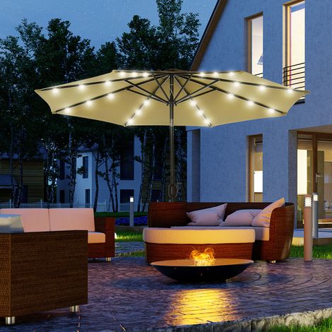 Parasol octogonal inclinable Ø 2.7 x 2.4 m lumineux solaire 24 LED polyester haute densité 180 g/m² marron