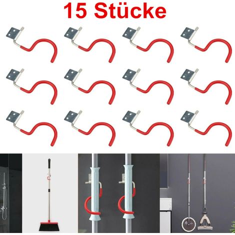 Support mural pour outils, crochet de rangement, 15 Buc, en métal recouvert de plastique, compatible avec balais, pelles et autres outils de jardin, rouge. (1/5)