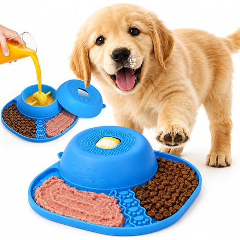 Gamelle à lécher pour chien avec balle roulante - Gamelle 2 en 1 antidérapante pour alimentation lente avec tapis à lécher, 150 ml, bleue, 1 pièce (1/5)