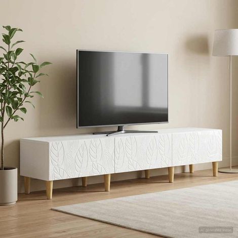 Meuble TV vintage 3 tiroirs blanc brillant en bois d'ingénierie 147 x 34,5 x 30 cm - PANGIVO (1/5)