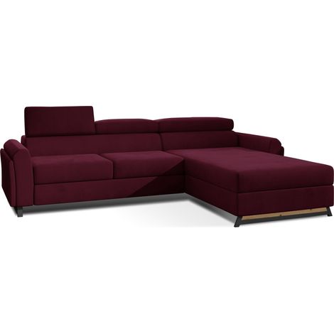 Canapé d’angle convertible MAZALI velours - Appuis-tête réglables et rangement-Prune-Méridienne A droite (1/5)