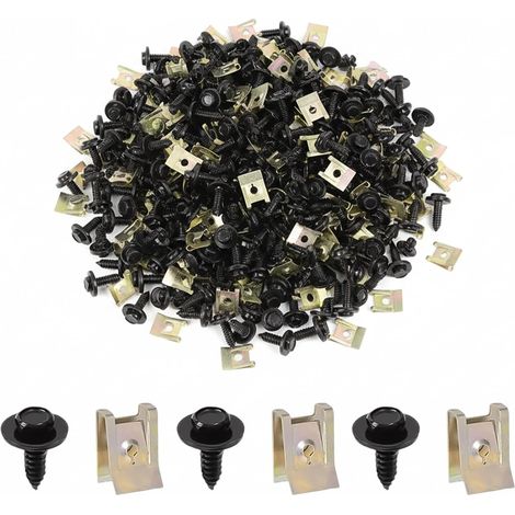 Lot de 100 vis de carrosserie - 50 jeux d'écrous en tôle d'acier inoxydable de type U - Clips de fixation pour pare-chocs, garde-boues, couvercles de moteur et garde-boue (1/5)