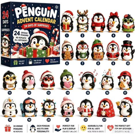 Pinguin-Adventskalender mit 24 einzigartigen Pinguin-Plüschtieren in 3 lustigen Weihnachts-Überraschungsboxen - A -