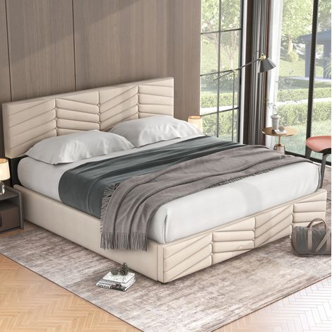 Lit coffre 160x200 velours beige tête de lit réglable HAVRYA (1/5)