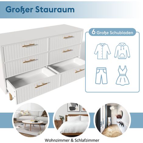 Commode 6 tiroirs blanche, meuble de rangement haut buffet pour chambre et salon, finition blanc, dimensions H75 x L120 x P40 cm (1/5)