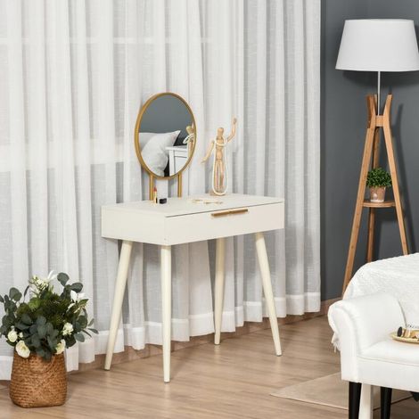 Coiffeuse avec miroir et 2 tiroirs pour accessoires, en bois, 80 x 40 x 123 cm, blanc