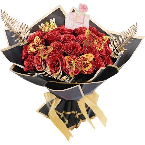 24 Pièce Bouquet de Fleurs Artificielles Scintillantes Rouge Roses Artificielles Faux Bouquet Fausse Longue Tiges Fausse Bouquet de Fleur DIY Fleurs Artificielles Deco pour Mariée,Table,Fête (1/5)
