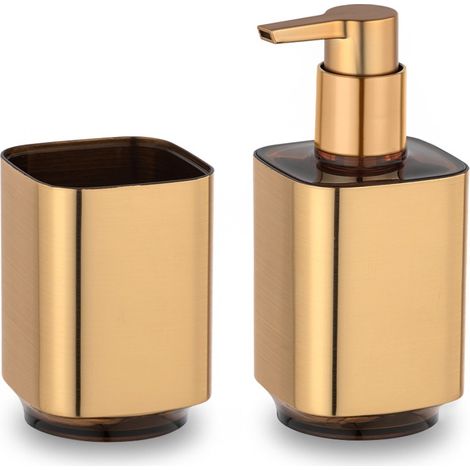 Set accessori bagno con dispenser e porta spazzolino color oro satinato e nero Lumina (1/5)