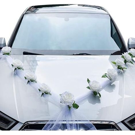 – Kit de décoration de voiture de mariage – 9 fleurs artificielles blanches – Rubans 180cm – Fixation ventouses et sangles – Pour voiture de la mariée (1/5)