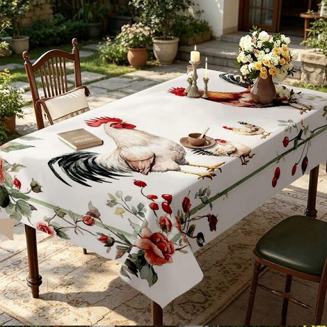 Nappe rectangulaire à motif coq et fleurs, 1 pièce, idéale pour une table de pique-nique, résistante aux taches, parfaite pour une cuisine de style campagnard. (1/4)