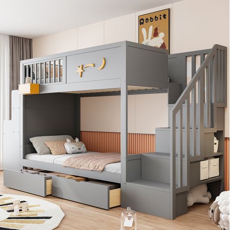 Cama infantil alta con escritorio y cajones gris HAVRYA