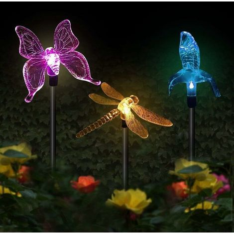 Lot de 3 lampes solaires LED multicolores – Formes papillon, colibri, libellule – Éclairage automatique 8h – Piquets en acier inoxydable (1/5)