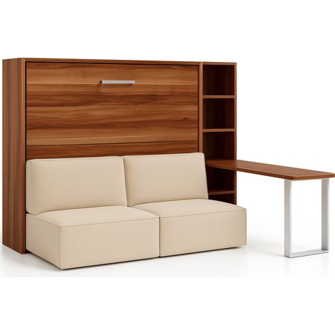 Lit escamotable horizontal LOGIA Naturel lit+canapé+étagère+bureau-140x200-Canapé Naturel-Structure Noyer-Version lit+canapé+étagère+bureau (1/5)