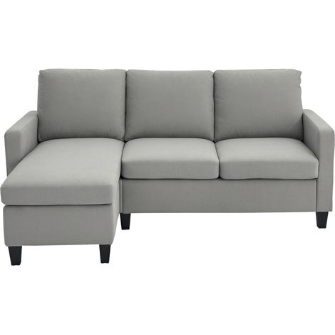 HOMCOM Canapé d'angle 3 places avec méridienne réversible gauche ou droite, gris clair, tissu polyester 197x139x91 cm, pour salon, bureau, appartement, canapé convertible moderne et confortable. (1/5)