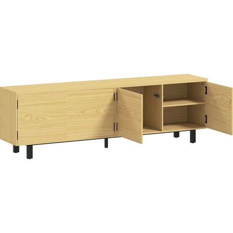 Meuble TV 180 cm, support télé pour écrans jusqu'à 82 pouces, 4 portes à ouverture par pression, dimensions 180x35x55,5 cm, bois naturel (1/5)