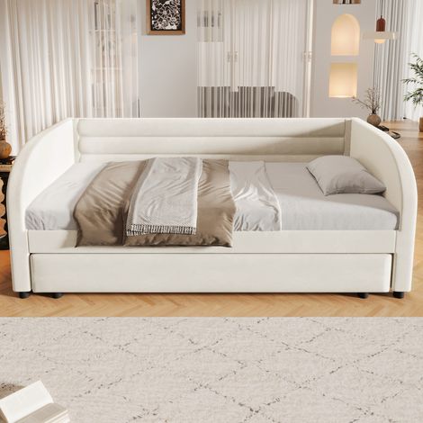 Lit plateforme capitonné 90x200 cm, beige, avec tiroir gigogne intégré, éclairage LED moderne, matelas non inclus, idéal pour petit espace (1/5)