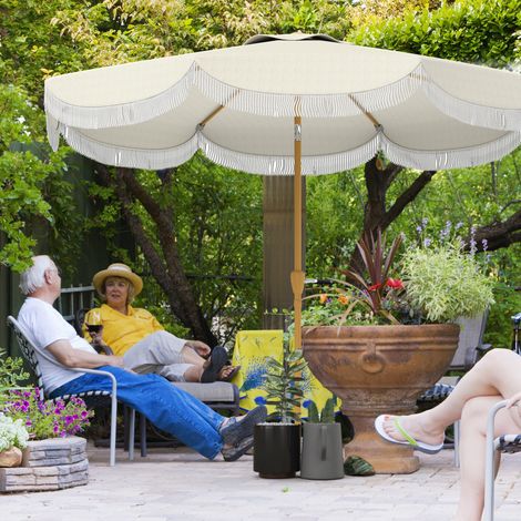Parapluie bohème 2,7m Ø extérieur manivelle manuelle UV30+ double toit pompons, beige (1/4)
