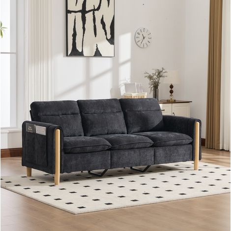 Sofá esquinero de 3 plazas de 201x77x86 cm con compartimento de almacenamiento, bolsillo lateral y chaise longue reversible, tejido de chenilla - negro (1/5)