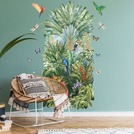 Grand papier peint panoramique découpé, avec les animaux dans une jungle luxuriante et colorée, intissé colle activable à l'eau, 166 cm X 83 cm (1/5)