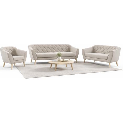 GLORIA Wohnzimmerset Samt Beige – 3-Sitzer + 2-Sitzer + Sessel Skandinavisches Design Rauten-Steppung Holzfüße Couchgarnitur 321 (1/5)