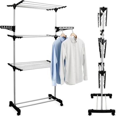 Wäscheständer Turm mit Rollen 15m Trockenlänge - 3 Etagen - Trockengestell 165 x 80 cm mit 6 klappbaren Flügeln