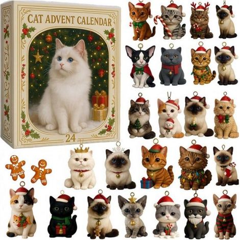 Calendrier de l'Avent Chat 2025, Sapin de Noël 2D, Pendentif Chat, Décoration de Sapin de Noël, Calendrier Compte à Rebours (1/4)