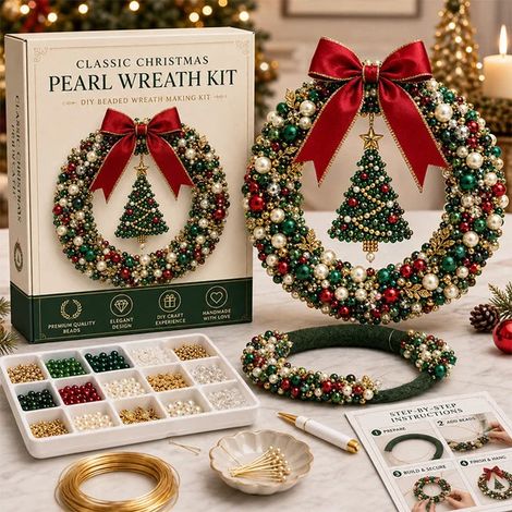 DIY-Weihnachtskranz-Bastelset mit Perlen, Bastelmaterialpaket für Weihnachtskränze, inklusive Holzkranzrahmen, Band, ABS-Perlen, Nadeln, Draht und Acrylplatte. (1/5)